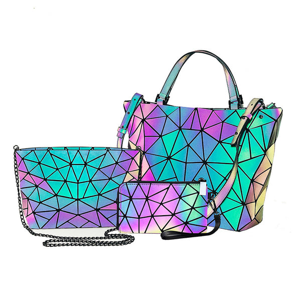 Hot-Selling 3-Piece Geometric Women's Handbag - 2024 Luminous Collection Glossy.pk