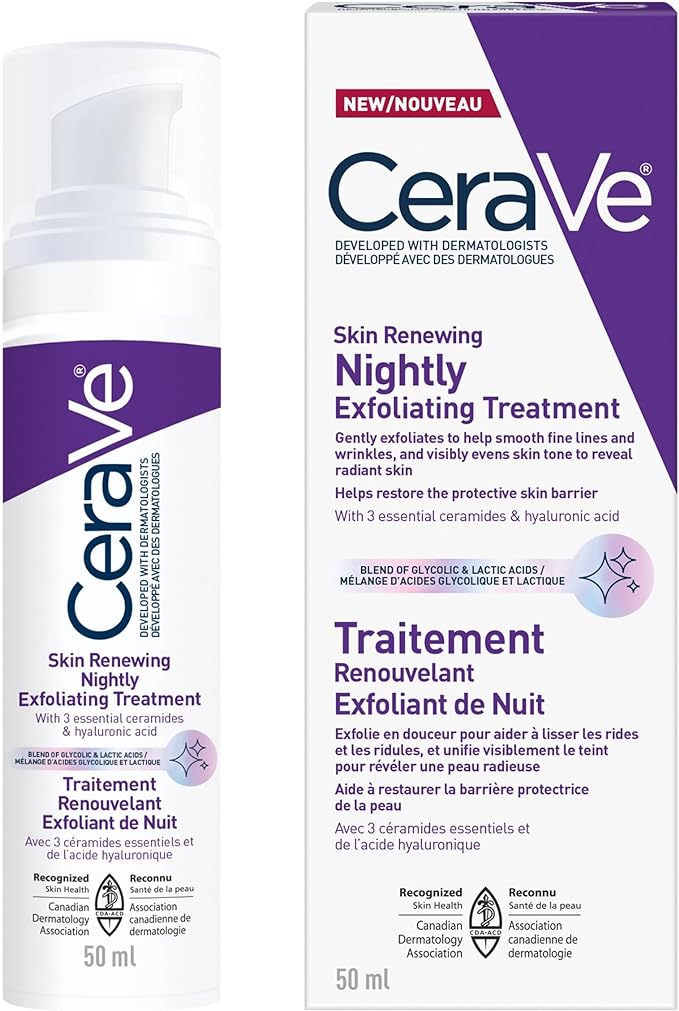 CeraVe Skin Renewing Nightly Exfoliating Treatment for Healthy Aging, Fine Lines, Wrinkles, Dullness and Pores. Face Serum with Glycolic Acid, Hyaluronic Acid & Ceramides. Developed with Dermatologists, Non-irritating, Fragrance-Free, 50ml CeraVe