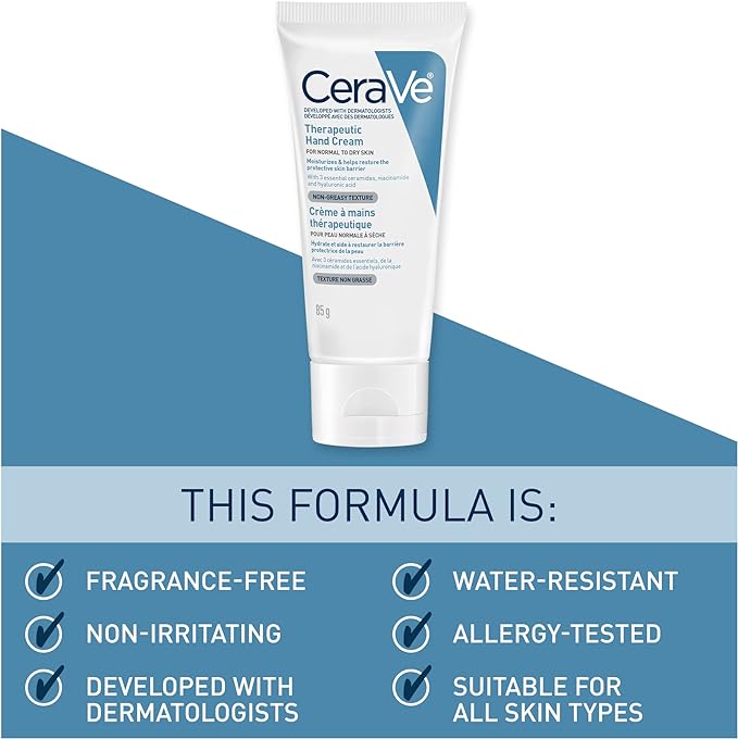 CeraVe Therapeutic Hand Cream, Daily Moisturizing Fragrance-Free Cream for Dry Skin and Dry Cracked Hands with Hyaluronic Acid and Niacinamide, 85 Grams CeraVe