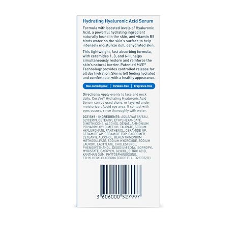 Cerave Hyaluronic Acid Serum for Face with Vitamin B5 and Ceramides | Hydrating Face Serum for Dry Skin | Fragrance Free | 1 Ounce CeraVe