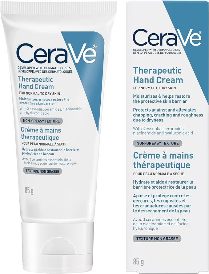 CeraVe Therapeutic Hand Cream, Daily Moisturizing Fragrance-Free Cream for Dry Skin and Dry Cracked Hands with Hyaluronic Acid and Niacinamide, 85 Grams CeraVe