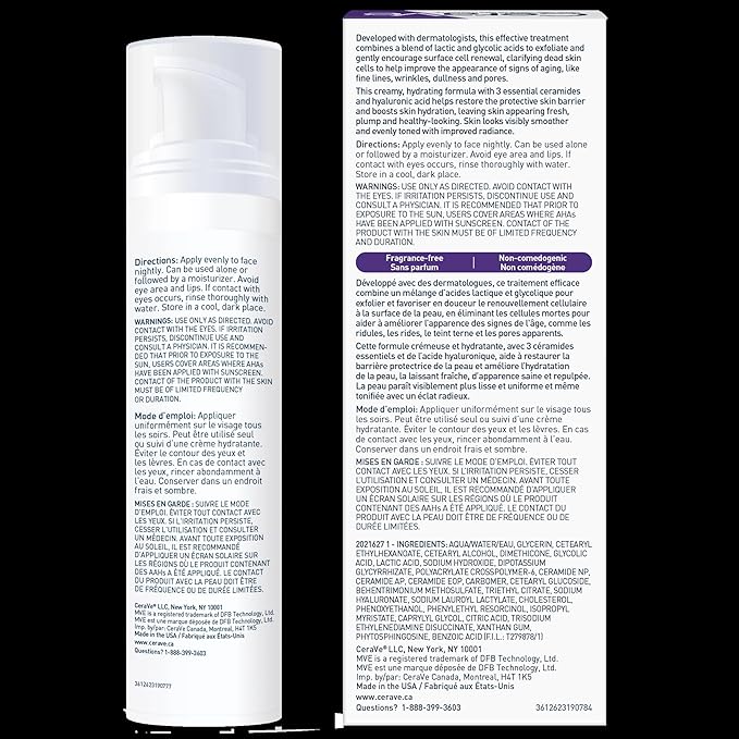 CeraVe Skin Renewing Nightly Exfoliating Treatment for Healthy Aging, Fine Lines, Wrinkles, Dullness and Pores. Face Serum with Glycolic Acid, Hyaluronic Acid & Ceramides. Developed with Dermatologists, Non-irritating, Fragrance-Free, 50ml CeraVe