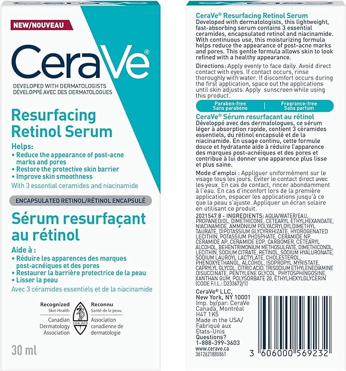 CeraVe Retinol Serum for Post-Acne Marks and Skin Texture | Pore Refining, Resurfacing, Brightening Facial Serum with Retinol and Niacinamide | Fragrance Free, Paraben Free & Non-Comedogenic| 1 Oz CeraVe