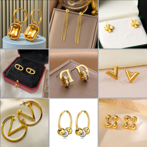 French retro earrings high-end non-fading titanium steel haoshi earrings women's personality European and American earrings jewelry wholesale Glossy.pk