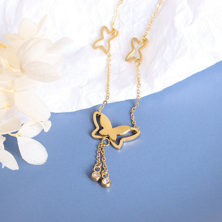 European and American titanium steel butterfly tassel anklet, gold women's sexy Internet celebrity jewelry, niche design, trendy foot chain wholesale