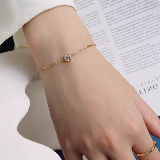 Mini single diamond titanium steel necklace one diamond bracelet fashion simple foot chain sexy non-fading titanium steel anklet set Glossy.pk