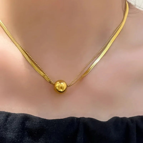 Double-layer transfer ball, light luxury necklace, titanium steel, non-fading, temperament, high-quality clavicle chain, girlfriend female neckband, sweater chain Glossy.pk