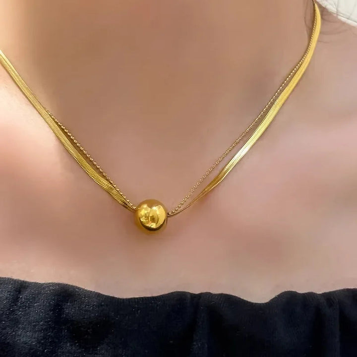 Double-layer transfer ball, light luxury necklace, titanium steel, non-fading, temperament, high-quality clavicle chain, girlfriend female neckband, sweater chain Glossy.pk