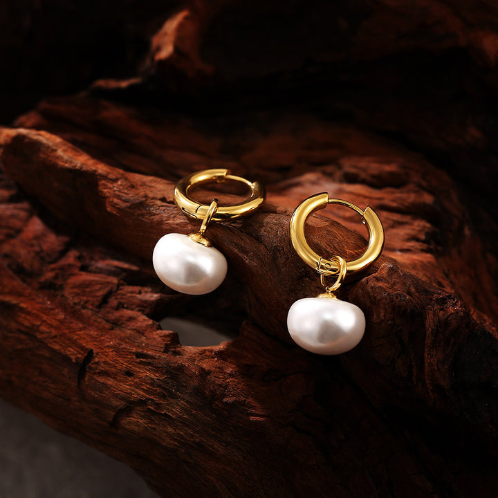 European and American simple French style retro romantic pearl pendant earrings gentle wind titanium steel plated 18K real gold earrings for women