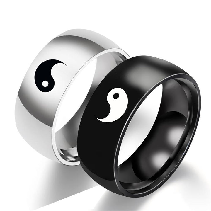 Yin and Yang Couple Rings, Tai Chi Symbol Rings, Male and Female Titanium Steel Hand Ornaments, Black and Silver Pair Rings, Bagua Glossy.pk