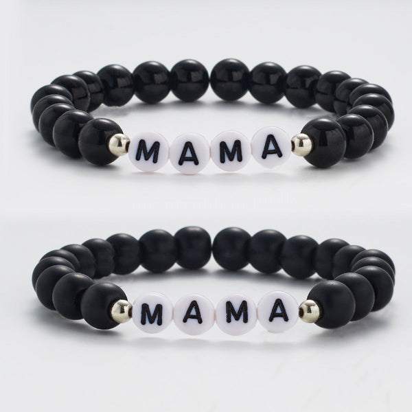 8mm Handwoven Brunge Cord Beaded Bracelet MAMA Mother's Day Bracelet Black Matte Glossy Glass Beads Glossy.pk