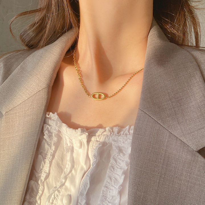 Titanium steel 18K gold non-fading French retro cold wind necklace trendy brand net red pig nose clavicle chain necklace Glossy.pk