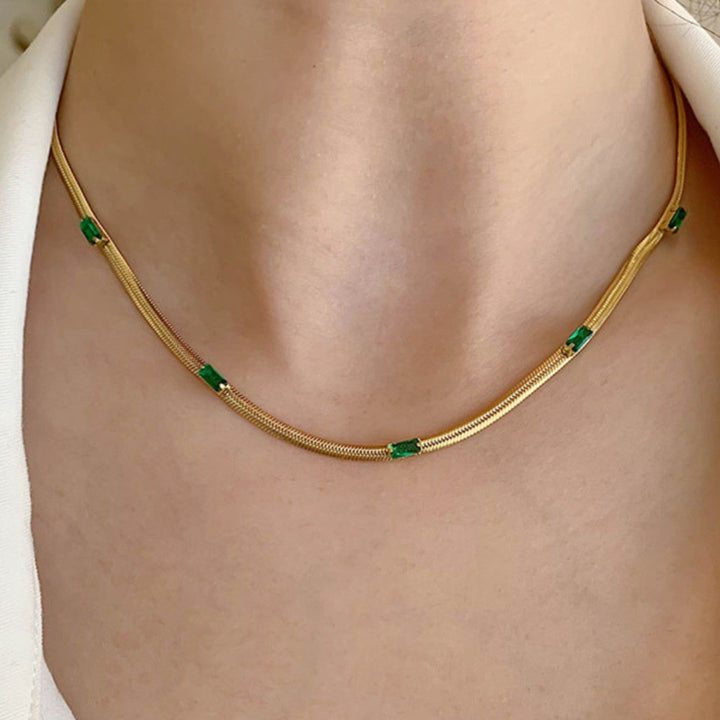 Titanium steel emerald geometric necklace high-grade cold style clavicle necklace fashion temperament accessories do not fade 34 Glossy.pk