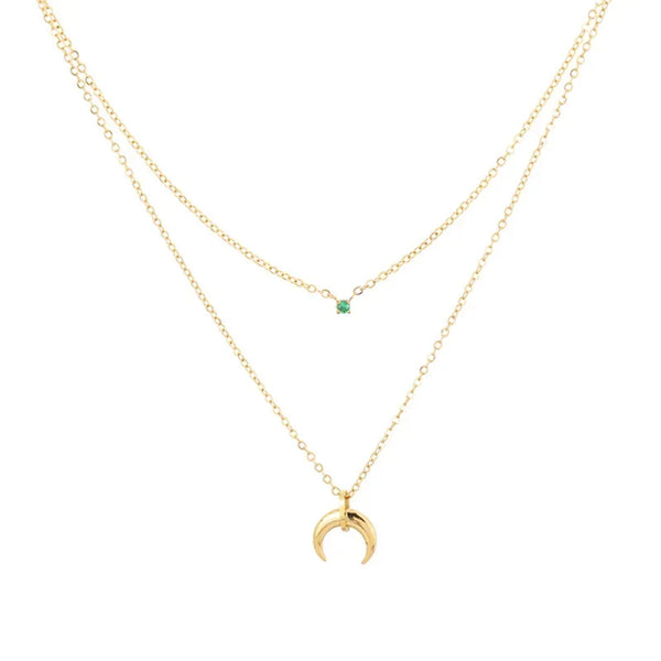 High-grade niche green diamond horn inverted crescent moon double moon stacked clavicle chain necklace female plated 18K gold does not fade