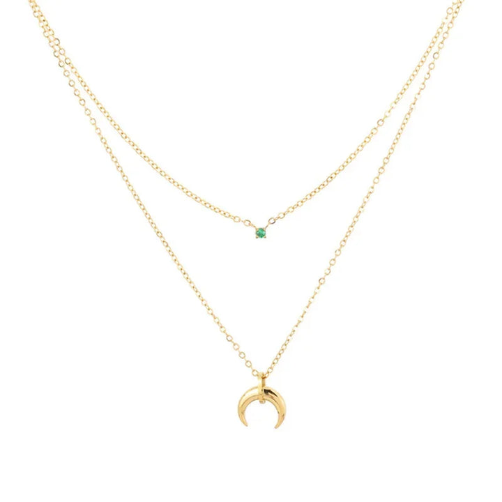 High-grade niche green diamond horn inverted crescent moon double moon stacked clavicle chain necklace female plated 18K gold does not fade