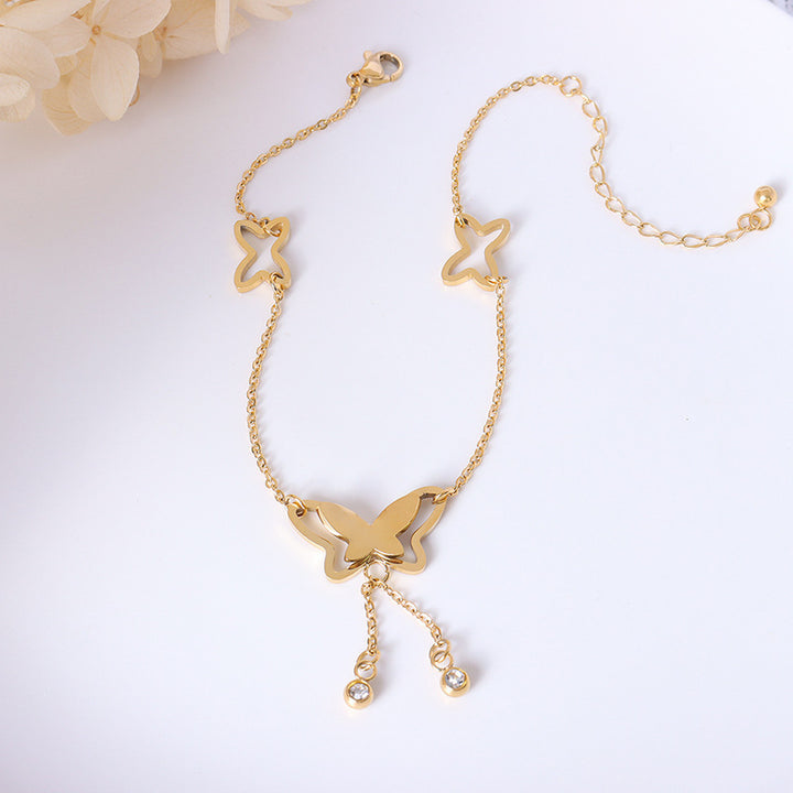 European and American titanium steel butterfly tassel anklet, gold women's sexy Internet celebrity jewelry, niche design, trendy foot chain wholesale