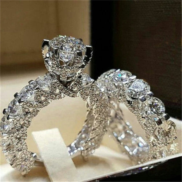 Cross-border new temu hot selling jewelry European and American ladies round diamond six-prong set fashion pair ring full diamond ring Glossy.pk