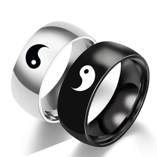 Yin and Yang Couple Rings, Tai Chi Symbol Rings, Male and Female Titanium Steel Hand Ornaments, Black and Silver Pair Rings, Bagua Glossy.pk