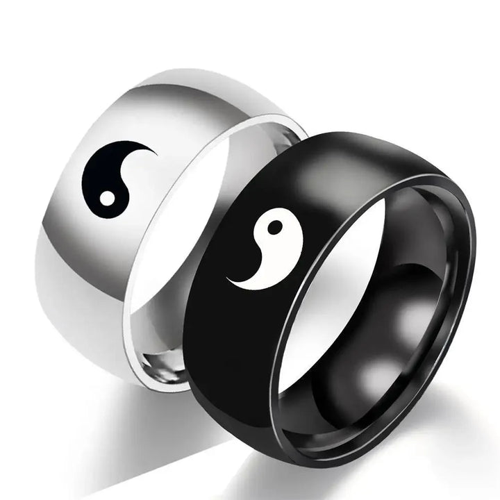 Yin and Yang Couple Rings, Tai Chi Symbol Rings, Male and Female Titanium Steel Hand Ornaments, Black and Silver Pair Rings, Bagua Glossy.pk