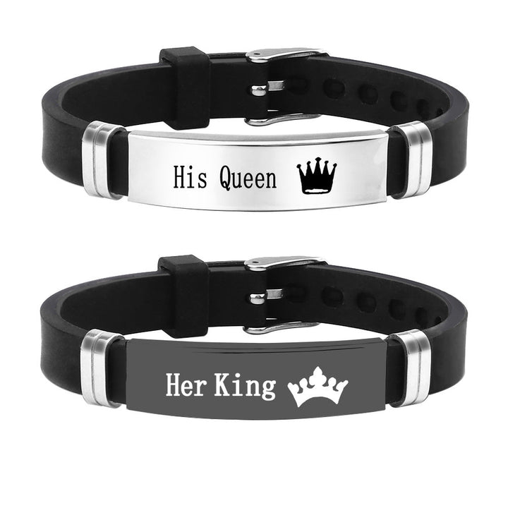 Cross-border foreign trade HIS QUEEN HER KING trendy fashion stainless steel couple bracelet can be engraved Glossy.pk