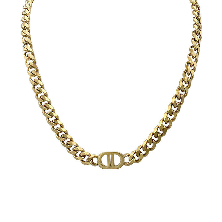 European and American Internet celebrities gold thick chain double D letter titanium steel necklace women's hip-hop personality short clavicle chain versatile jewelry Glossy.pk