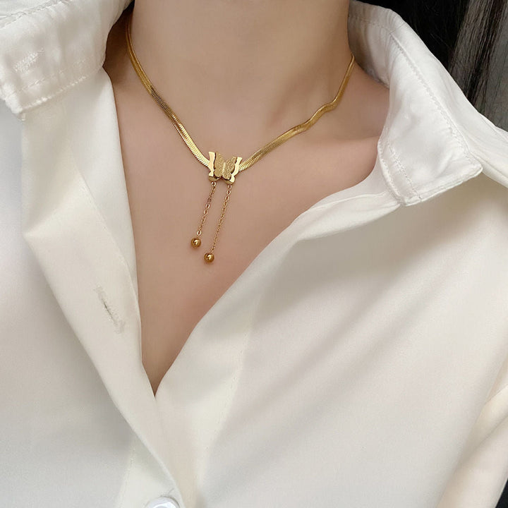 Titanium steel temperament simple butterfly tassel blade chain necklace women's non-fading gold fashion versatile elegant accessories Glossy.pk