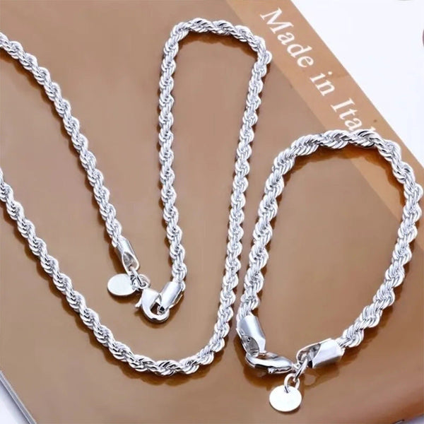 Silver 4mm Chain Men's Twisted Rope Necklace Bracelet Fashion Women's Men's Silver Twist Necklace Quality Jewelry Set Glossy.pk