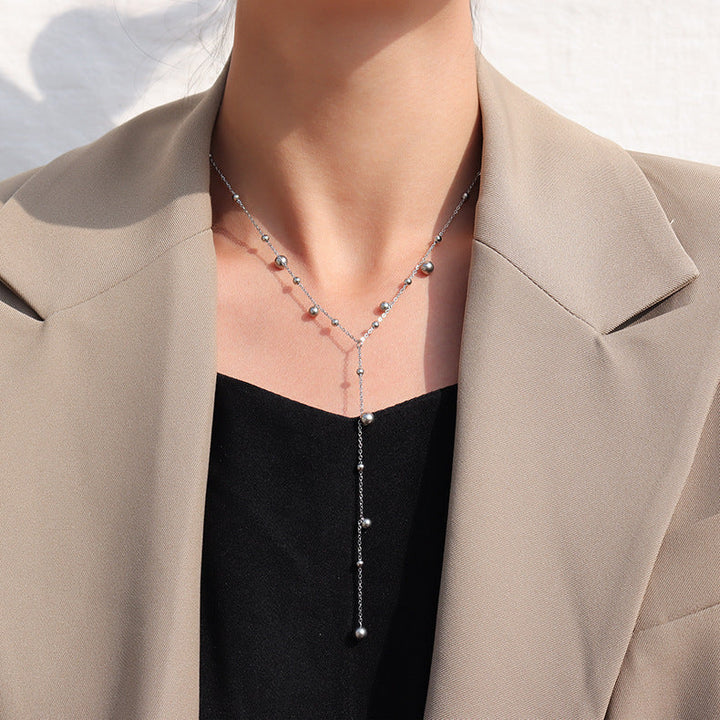 INS new 18K gold plated long tassel bead chain necklace gift stainless steel round bead tassel charm necklace women's jewelry Glossy.pk