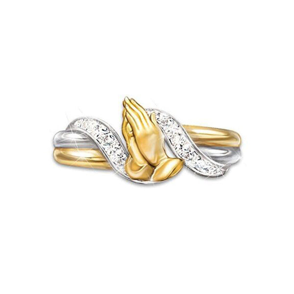 Zhongyi Wish Creative Hands Prayer Gold and Silver Split Color Ring European and American 18k Gold Plated with Diamonds Blessing Gift Glossy.pk