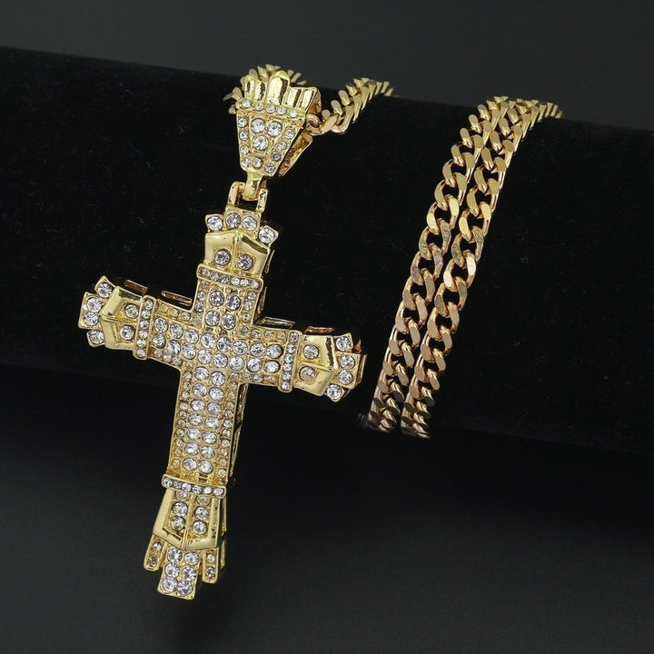 TEMU Hot Sale Cuban Chain Male European and American Hip Hop Full Diamond Vintage Hollow Cross Pendant Necklace Female Factory Direct Sales Glossy.pk