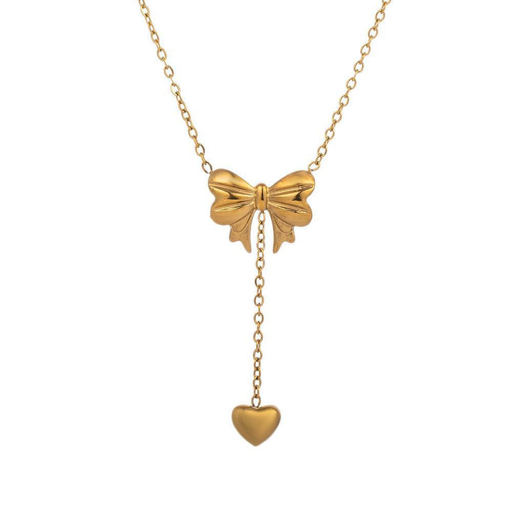 2024 new 18k gold clavicle chain titanium steel necklace design sense bow water drop love chain does not fade Glossy.pk