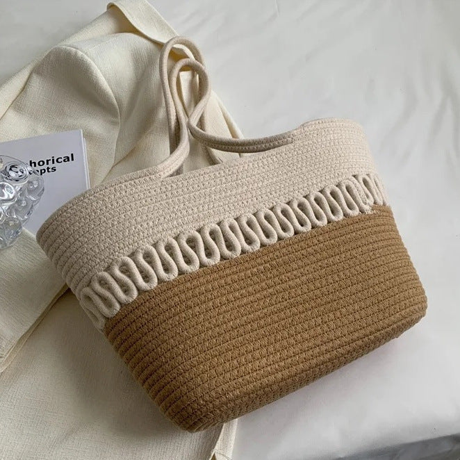 Shoulder bag, hollow cotton knitted bag, new summer large capacity French straw bag, seaside resort beach bag women Glossy.pk