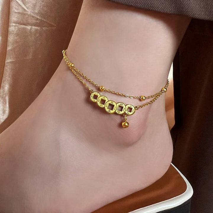 [Wearable in the bath] new titanium steel retro Chinese style double-layer copper coins good luck foot chain girlfriend anklet Glossy.pk