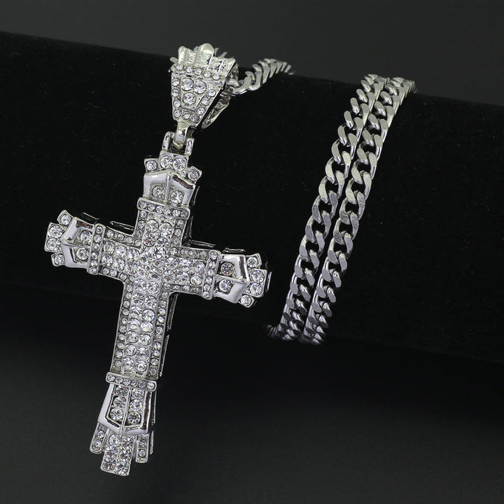 TEMU Hot Sale Cuban Chain Male European and American Hip Hop Full Diamond Vintage Hollow Cross Pendant Necklace Female Factory Direct Sales Glossy.pk