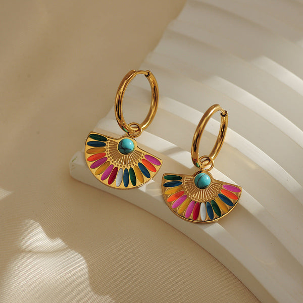 European and American cross-border French retro light luxury fan-shaped dripping oil colorful earrings niche personality temperament 18K gold earrings Glossy.pk