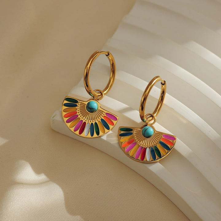 European and American cross-border French retro light luxury fan-shaped dripping oil colorful earrings niche personality temperament 18K gold earrings Glossy.pk
