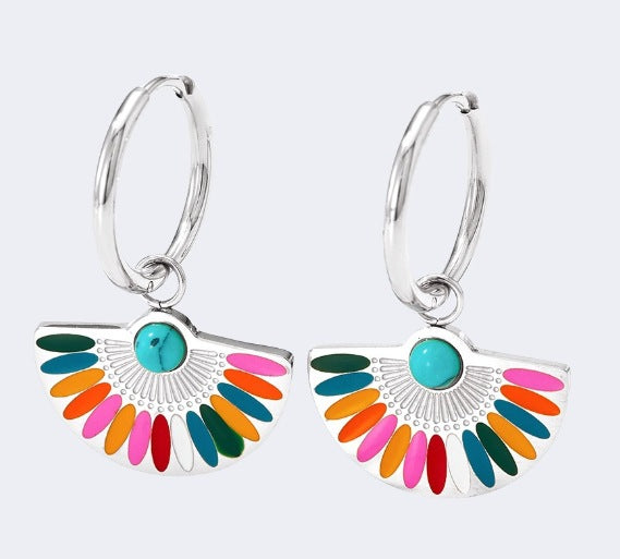 European and American cross-border French retro light luxury fan-shaped dripping oil colorful earrings niche personality temperament 18K gold earrings Glossy.pk