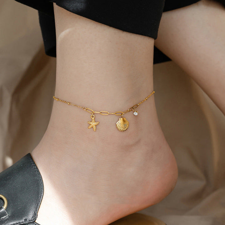 Sense of luxury, delicate shell claw diamond, starfish, titanium steel anklet, sweet ocean style, new ankle and foot chain 22 Glossy.pk
