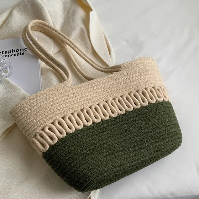 Shoulder bag, hollow cotton knitted bag, new summer large capacity French straw bag, seaside resort beach bag women Glossy.pk