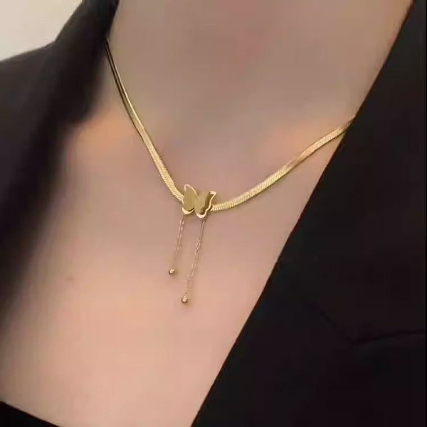 Titanium steel temperament simple butterfly tassel blade chain necklace women's non-fading gold fashion versatile elegant accessories Glossy.pk