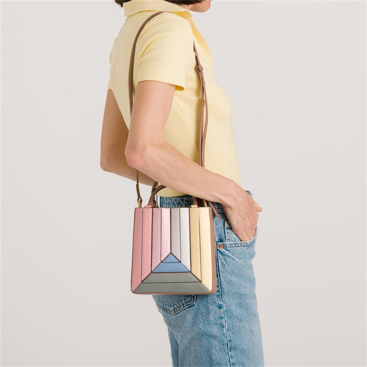 Multicolor Vegan Leather Hand & Shoulder Bag - Color Block Crossbody with Detachable Strap Glossy.pk
