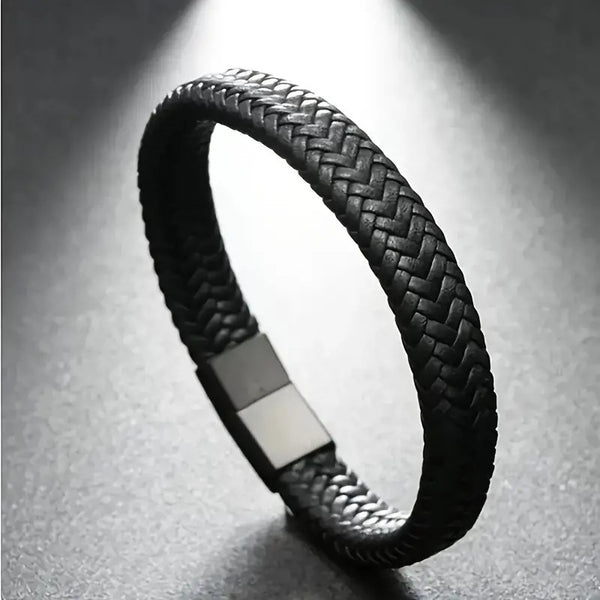 European and American temu cross-border hot selling men's leather magnetic buckle head bracelet retro simple woven mesh bracelet bracelet