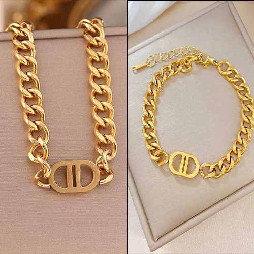 European and American Internet celebrities gold thick chain double D letter titanium steel necklace women's hip-hop personality short clavicle chain versatile jewelry Glossy.pk