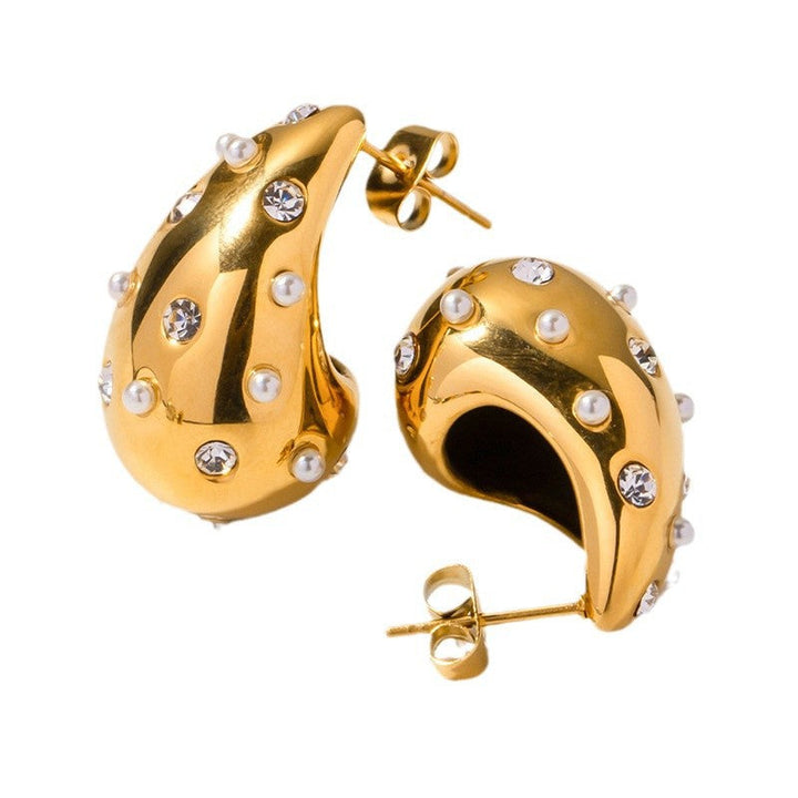 Amazon Hot Sale Titanium Steel Cast Diamond Pearl Water Drop Earrings INS Women's Fashion Versatile Earrings Chubby Dun Glossy.pk