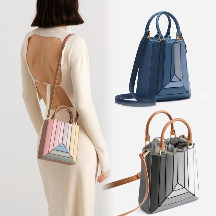 Multicolor Vegan Leather Hand & Shoulder Bag - Color Block Crossbody with Detachable Strap Glossy.pk