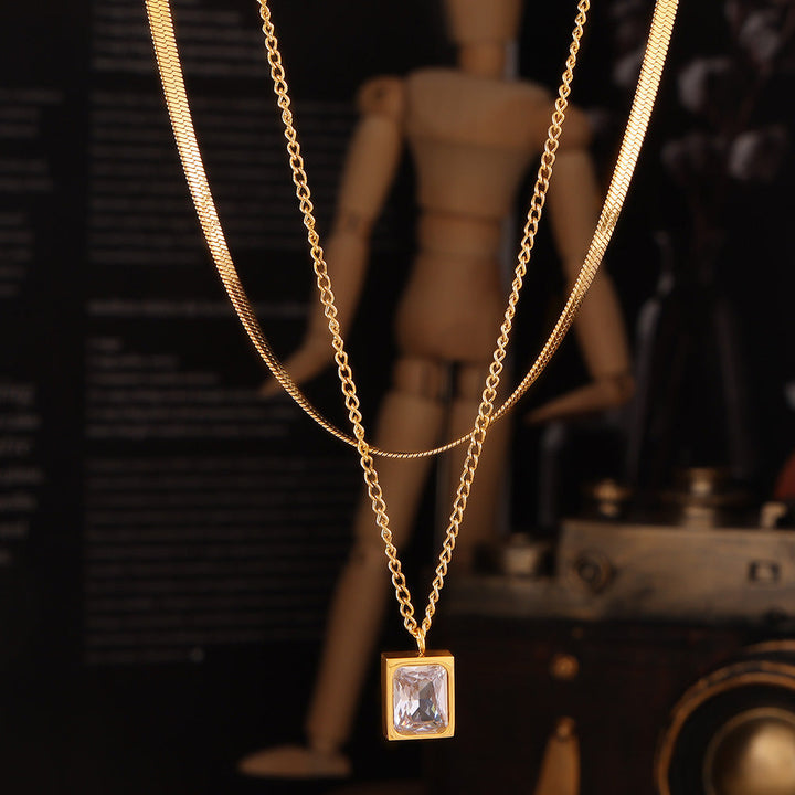 European and American 18K gold double-layer titanium steel clavicle chain female retro high-quality snake bone chain zircon crystal pendant necklace Glossy.pk