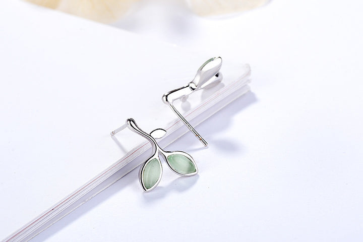 Zhongyi S925 Fashion, Simple, Silver Stud Earrings [Fine Leaves] Women's Opal Sprout Leaf Earrings