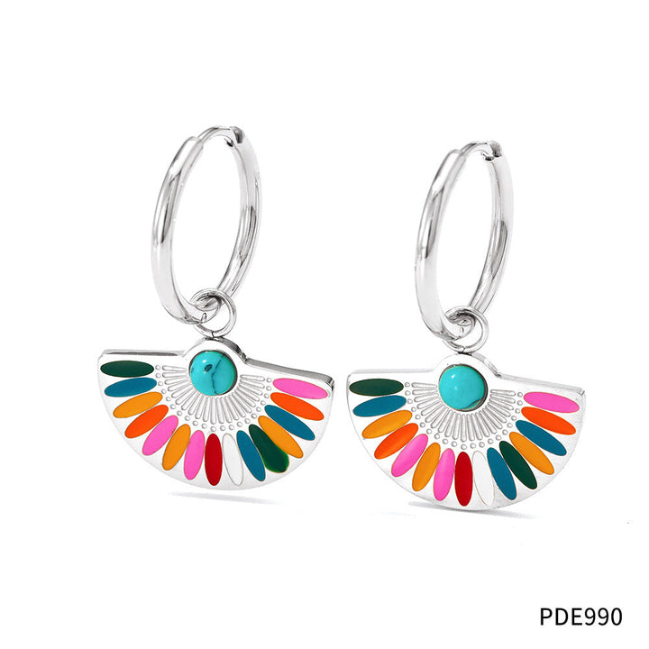 European and American cross-border French retro light luxury fan-shaped dripping oil colorful earrings niche personality temperament 18K gold earrings Glossy.pk