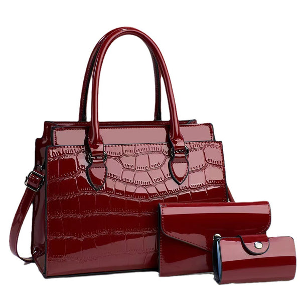 3-Piece Women's Crocodile Pattern Faux Leather Handbag Set - Includes Tote, Wallet, and Clutch Glossy.pk