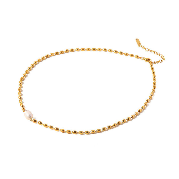 European and American ins style Internet celebrity necklace women's niche non-fading natural freshwater pearl oval gold bean titanium steel necklace Glossy.pk